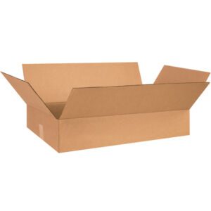 An open MH-USA 26 x 17 x 5 brown flat corrugated box with four unfolded flaps is displayed against a white background. The new, unused box is ready for use and is sold in bundles of 25 for convenience.