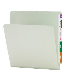 A Smead End Tab Pressboard File Folder in gray/green with a straight-cut tab and 1 expansion has colored tabs—purple, red, green, orange—marked A, C, K. The name Ackerman, Gregory is printed vertically. Sold in boxes of 25 (26200).