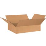 An open, empty MH-USA 26 x 20 x 6 Flat Corrugated Box with flaps extended outward is pictured against a plain white background. Made from sturdy brown corrugated cardboard, this rectangular box is part of the MH-USA Boxes sold in bundles of 20.
