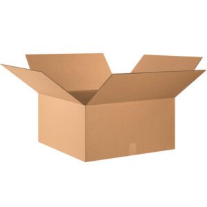 An open, empty MH-USA 26 x 26 x 14 corrugated box with protruding flaps stands against a plain white background, ready for use. The box is light brown and part of a set of ten in a bundle.