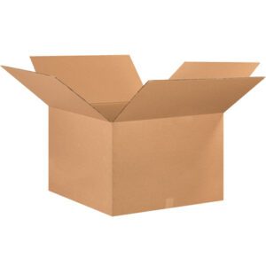 Featuring outward-extending flaps, the MH-USA 26 x 26 x 16 Corrugated Boxes are durable and come in plain brown, shown empty against a white background. Sold in bundles of ten.