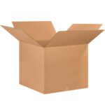 An open MH-USA 26 x 26 x 20 Corrugated Box from the 10/Bundle pack sits empty with flaps extended outward on a plain white background, ready to be filled.