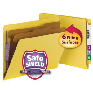 The Smead End Tab Pressboard Classification File Folder features SafeSHIELD? fasteners, two dividers, and six filing surfaces for excellent organization. It comes in yellow with a shield-shaped label and is available in a box of 10 (26789).
