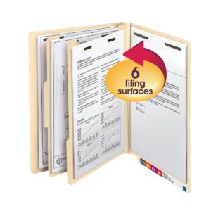 The Smead End Tab Classification File Folder in manila features six efficient filing surfaces highlighted by a large orange and purple arrow, available in packs of 10 per Box (26835), ensuring your documents are organized stylishly and easily.