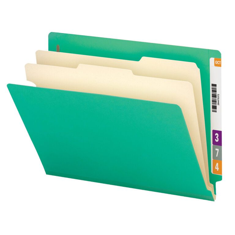 A blue Smead End Tab Classification File Folder contains three tabbed manila folders, each progressively larger. The colored tabs are labeled 3, 7, and 4. A small “OCT” label on the edge nods to the unique design—a feature of the 2 divider, 2 expansion letter size model.