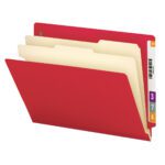 The Smead End Tab Classification File Folder (26838) is a red, letter-size folder with a 2 expansion, featuring labeled tabs 3, 7, and 4, and accommodates beige dividers. It includes a barcode and an OCT tab on the top edge.