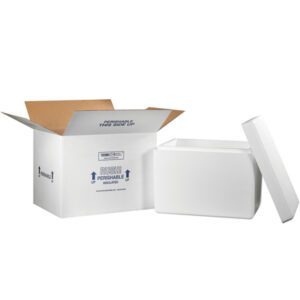 An open MH-USA Insulated Shipping Kit box, labeled 21 1/4 x 15 1/2 x 15 1/2, stands beside a white foam cooler with the lid removed. The empty interior is ideal for transporting perishables.