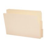 The Smead End Tab File Folder, a beige Manila folder with two flaps and designed for the Shelf-Master collection, is shown against a white background. It is 4 high, with a 1-1/8 tab from the bottom, is legal-sized, and organizes your documents effortlessly (27134).