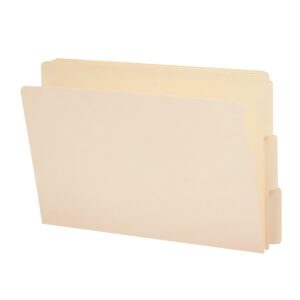 The Smead End Tab File Folder, a beige Manila folder with two flaps and designed for the Shelf-Master collection, is shown against a white background. It is 4 high, with a 1-1/8 tab from the bottom, is legal-sized, and organizes your documents effortlessly (27134).