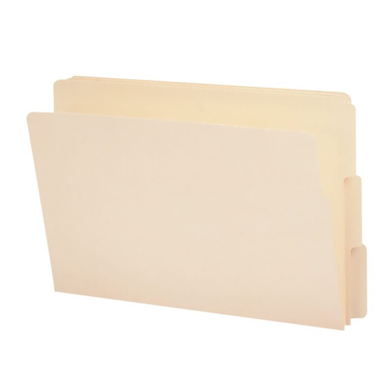 The Smead End Tab File Folder, a beige Manila folder with two flaps and designed for the Shelf-Master collection, is shown against a white background. It is 4 high, with a 1-1/8 tab from the bottom, is legal-sized, and organizes your documents effortlessly (27134).
