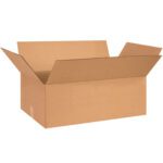 An open, empty MH-USA 27 x 14 x 9 Corrugated Box with outward-extended flaps is plain brown with a seam visible on one side, sold in bundles of 20 against a white background.