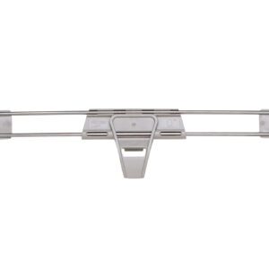 This gray plastic and metal trouser hanger, with adjustable clips for holding pants, is expertly crafted like the Metro MQLS24-2S Stackable Shelf Ledge (Side) for MetroMax Q Industrial Shelving, ensuring sturdy support. It features a central hook for seamless hanging on any clothing rack.