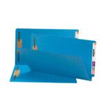 Three blue Smead End Tab Fastener File Folders (28040), legal size with 2 fasteners, are elegantly displayed partially open on a white background, emphasizing their multicolored index tabs and organized design. They come in boxes of 50 for perfect convenience.