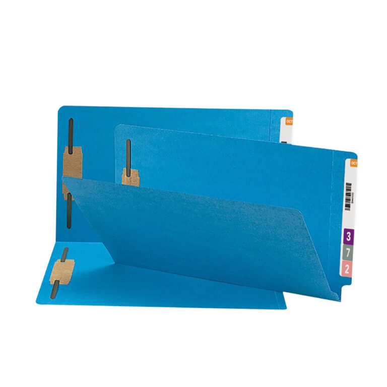 Three blue Smead End Tab Fastener File Folders (28040), legal size with 2 fasteners, are elegantly displayed partially open on a white background, emphasizing their multicolored index tabs and organized design. They come in boxes of 50 for perfect convenience.