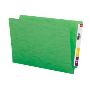 The Smead Colored End Tab File Folder (28110) in green features reinforced straight-cut tabs labeled 0, 3, and JUL with a barcode, and opens to two sections—an ideal boost for any organizational system.