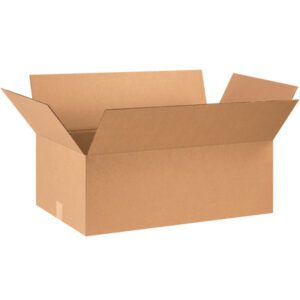 An MH-USA 28 x 16 x 10 corrugated box is displayed against a white background, with four flaps open to reveal its spacious interior. This sturdy and versatile box comes in a bundle of 20, ideal for diverse packing needs.