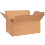 On a white background sits an open MH-USA 28 x 18 x 10 corrugated box with flaps extended outward, part of a bundle of 15 durable brown packages offering convenient storage solutions.