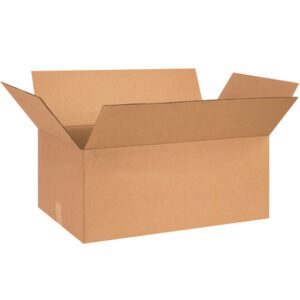 On a white background sits an open MH-USA 28 x 18 x 10 corrugated box with flaps extended outward, part of a bundle of 15 durable brown packages offering convenient storage solutions.