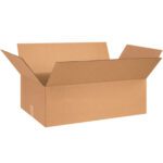An open MH-USA 28 x 18 x 8 flat corrugated box with outward flaps leans against a plain white background. The empty, new-looking box has a simple design and is sold in bundles of 15.