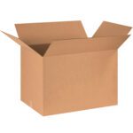 An open MH-USA 28 x 20 x 20 corrugated box, from a set of 10 per bundle, is displayed with flaps spread outward against a plain white background.