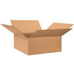 An open MH-USA 28 x 28 x 10 corrugated box from a 10/bundle pack is displayed empty with its flaps outward against a white background, highlighting its sturdy design.