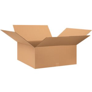 A brown MH-USA 28 x 28 x 12 corrugated box sits open on a plain white background, highlighting the durable design of these boxes that come in bundles of ten.