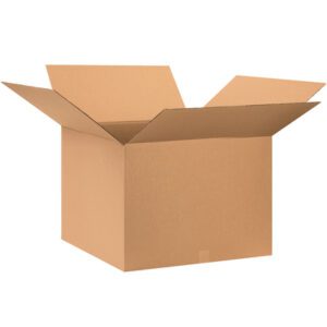 An MH-USA 28 x 28 x 20 corrugated box from a 10-pack bundle sits open on a white background, its flaps extended, showcasing an empty, brown textured finish ideal for versatile packaging.