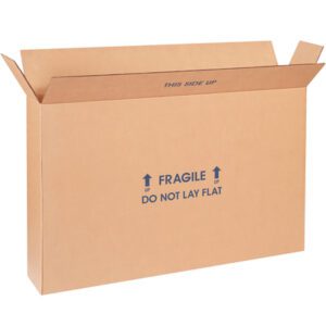 The MH-USA 28 x 6 x 20 Flat-Panel TV Box (5/Bundle) features a large, sturdy brown cardboard design with open flaps. Blue labels read FRAGILE and DO NOT LAY FLAT, while upward arrows and THIS SIDE UP appear on the top flap to ensure safe transport.