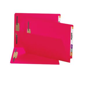 Two vibrant red Smead End Tab Fastener File Folders, one open and the other closed, with reinforced straight-cut tabs compatible with the Shelf-Master system, display color codes and barcodes. These legal-size folders bring organized flair to your office setup.