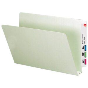 The Smead End Tab Pressboard File Folder, legal size in Gray/Green, has a straight-cut tab on the right and a spacious 2 expansion for efficient document organization.