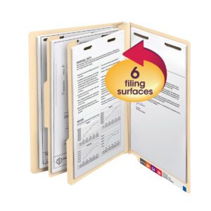 Open a Smead End Tab Classification File Folder, revealing multiple documents clipped inside. An overlay arrow highlights 6 filing surfaces, efficiently organized with its 2 dividers, ideal for legal-size papers.