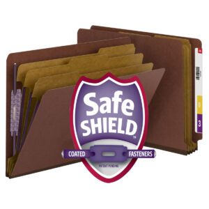 A stack of Smead End Tab Pressboard Classification File Folders with SafeSHIELD Fasteners and 3 dividers, in legal size, features red color with a prominent shield logo reading SafeSHIELD Coated Fasteners Patent Pending.