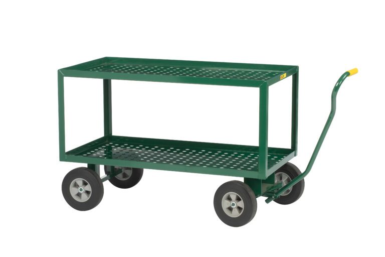 Check out the Little Giant 2-Shelf Wagon Truck w/Perforated Deck: a green metal utility cart with a flat rectangular surface, four wheels, and a handle featuring a yellow grip. Its perforated bottom shelf is ideal for efficient item transport.