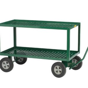 Check out the Little Giant 2-Shelf Wagon Truck w/Perforated Deck: a green metal utility cart with a flat rectangular surface, four wheels, and a handle featuring a yellow grip. Its perforated bottom shelf is ideal for efficient item transport.