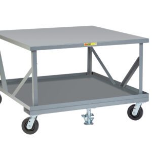 The Little Giant Fixed Height Mobile Pallet Stand is a gray industrial cart with a flat top and lower shelf, reinforced by metal braces. Its four swiveling caster wheels and sturdy metallic structure make it perfect for moving heavy items effortlessly.