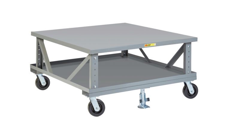 The Little Giant Ergonomic Adjustable Height Mobile Pallet Stand with Lower Deck is a gray metal platform cart featuring a flat surface, sturdy frame, and four wheels (two lockable) for transporting heavy items, with angled supports providing enhanced stability.