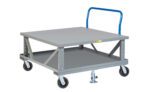 The Little Giant Ergonomic Adjustable Height Mobile Pallet Stand with Lower Deck features a sturdy gray flat top and cross-braced structure. It includes an ergonomic blue handle, four wheels with a brake, offering convenience and safety.