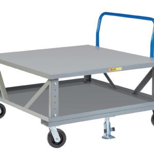 The Little Giant Ergonomic Adjustable Height Mobile Pallet Stand with Lower Deck features a sturdy gray flat top and cross-braced structure. It includes an ergonomic blue handle, four wheels with a brake, offering convenience and safety.