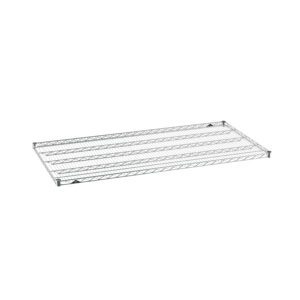The Metro Super Erecta 3060NC Industrial Wire Shelf, Chrome, 30 x 60, features a grid pattern that complements storage or organization systems with its minimalist design and functionality against a clean, white backdrop.