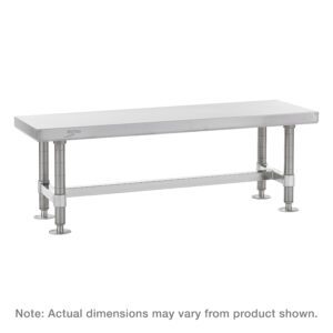 A stainless steel work table with adjustable legs and a lower support bar, ideal for cleanroom contamination control. It resembles the Eagle Clean Room Gowning Bench. Note: Actual dimensions may vary from product shown.