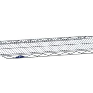 Presenting the Metro 2460QBR qwikSLOT Wire Display Shelf in 24x60: with its silver grid pattern and subtle edge lip, this Brite finish unit stands out against its plain white backdrop, offering a durable solution for organizing your space.