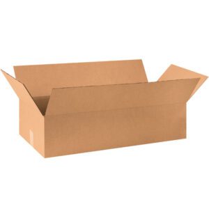 An unfolded MH-USA 30 x 14 x 7 corrugated box, part of a 10-bundle set, is viewed at an angle on a white background, highlighting its brown texture with outward-extended flaps.