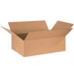 An open MH-USA 30 x 20 x 10 corrugated box with flaps extended outward sits on a white background, showcasing its natural brown color typical of standard packaging cartons. Sold in bundles of 15.