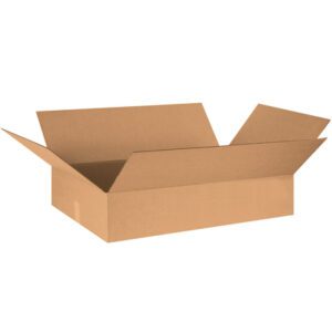 A brown MH-USA 30 x 20 x 6 flat corrugated box from the 15/bundle set is shown with open flaps against a white background.