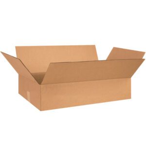 The MH-USA 30 x 20 x 8 flat corrugated box with brown flaps extended outward is shown on a white background, emphasizing its rectangular shape and texture. Available in bundles of 15 for your packaging needs.