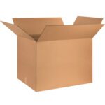 A large, open MH-USA 30 x 26 x 24 corrugated box with flaps upright sits against a plain white background. This empty, brown cardboard box is perfect for shipping or storage and is available in bundles of ten under the product name MH-USA 30 x 26 x 24 Corrugated Boxes (10/Bundle).