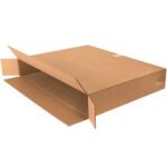 An unfolded MH-USA 30 x 5 x 24 side loading box is flat on a white background. With flaps on each side, it appears ready for assembly or packing. Made of brown corrugated paper, these boxes are sold in convenient bundles of ten.