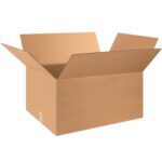 An open MH-USA 32 x 18 x 12 corrugated box from a bundle of 15 sits against a plain white backdrop, showcasing its brown textured surface and rectangular shape with flaps extended outward.