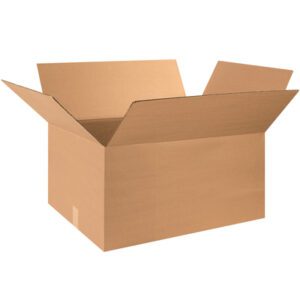 An open MH-USA 32 x 18 x 12 corrugated box from a bundle of 15 sits against a plain white backdrop, showcasing its brown textured surface and rectangular shape with flaps extended outward.