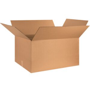 An open, empty MH-USA 32 x 18 x 18 corrugated box, part of the Corrugated Boxes (15/Bundle) set, with flaps extended outward.